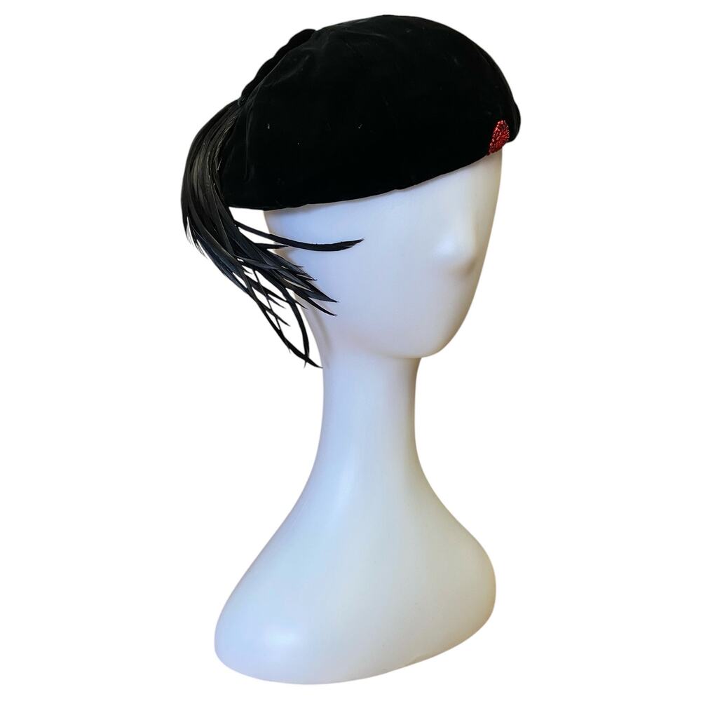 1940s Black Velvet Hat w/ Feather Detail – Upcycled Beaded Accent Cap